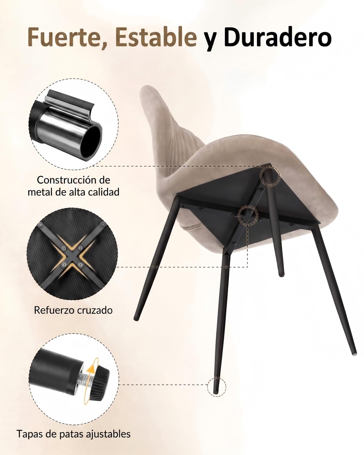 JIJIAN Sillas de Comedor Pack de 6 en Tela de Lino Marrón Claro | Sillas de Cocina, Sillas de Salón, Sillas Tapizadas, Patas de Metal, para Comedor, Cocina y Restaurante