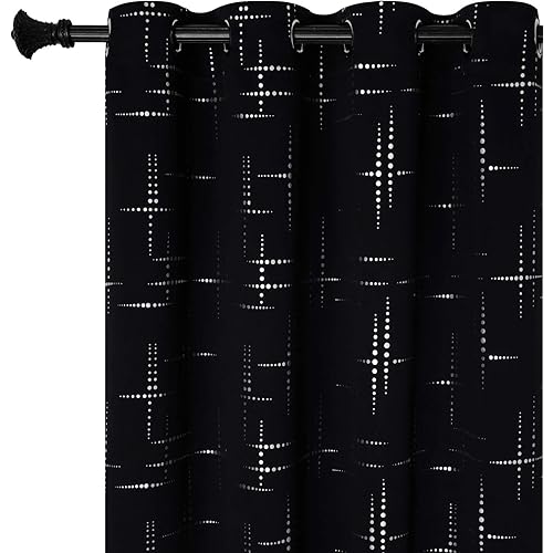 Estelar Textiler Short Blackout Curtains 2 Panels Light Blocking Room Darkening Curtains with Silver Cross Line Drapes for Bedroom 52W×45L Black 1 Pair