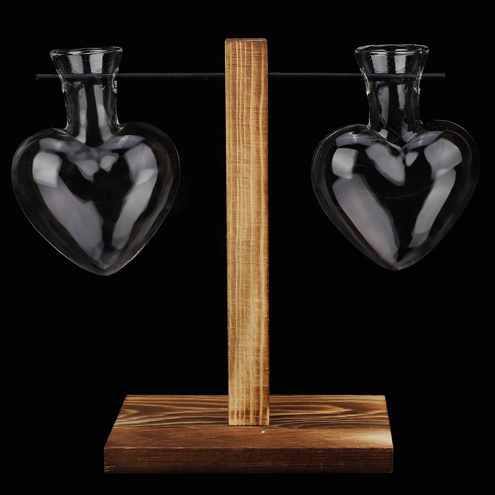 Heart Shape Vase with Wooden Stand,Modern Glass Vase,Hydroponic Plant Container for Home Tabletop Desk Decor