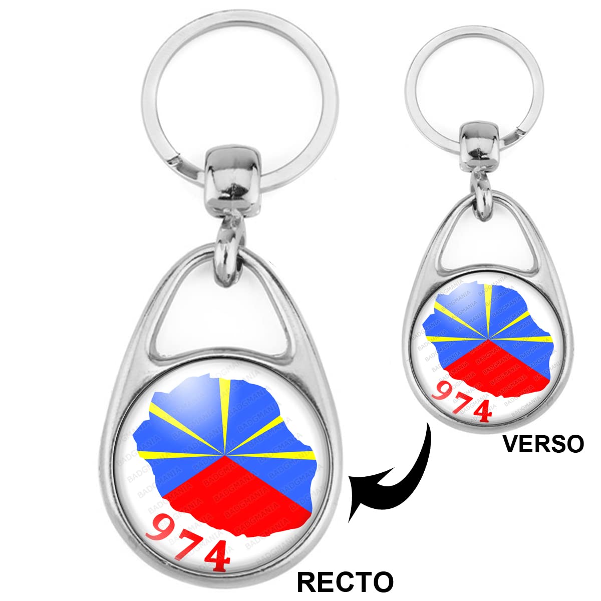 Image secondaire de Badgmania Porte Clés Métal 2 faces| Ile de la Réunion 974 Drapeau Réunionais Flag Emblème France | Forme Goutte | Logo 30mm