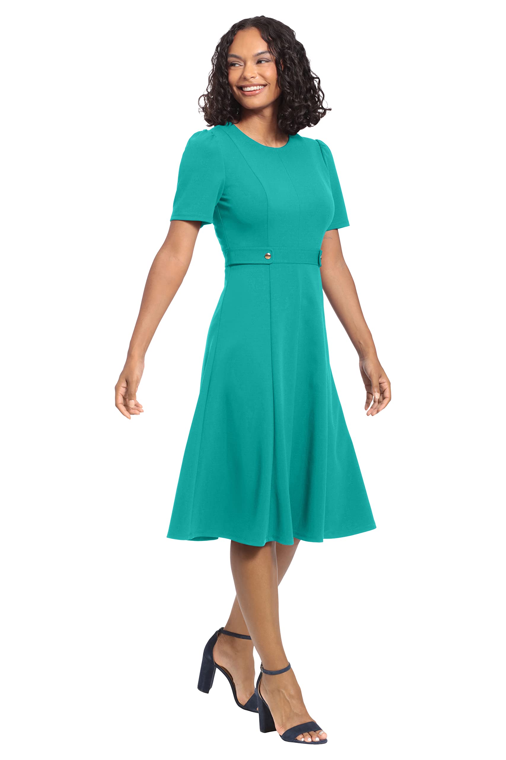 London Times Women's Knit Eyelet Short Sleeve Crepe Inset Waist Midi with Button Detail
