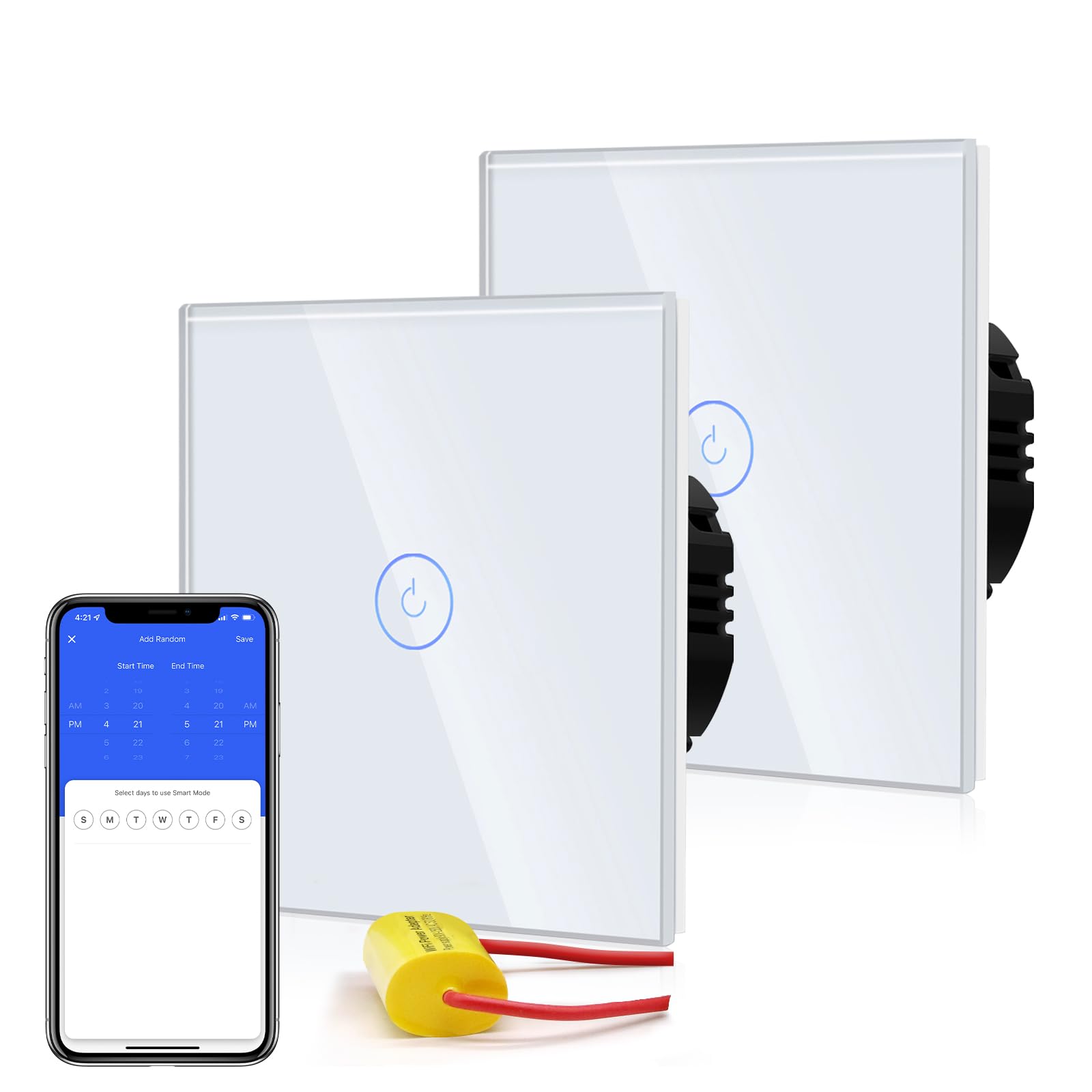 BSEED Smart Light Switch,WiFi Touch Wall Switches with Glass Panel,LED Lights,Work with Alexa/Smart Life App Control,Without Neutral Wire,1 Gang 1 Way-2 Pack,86mm White