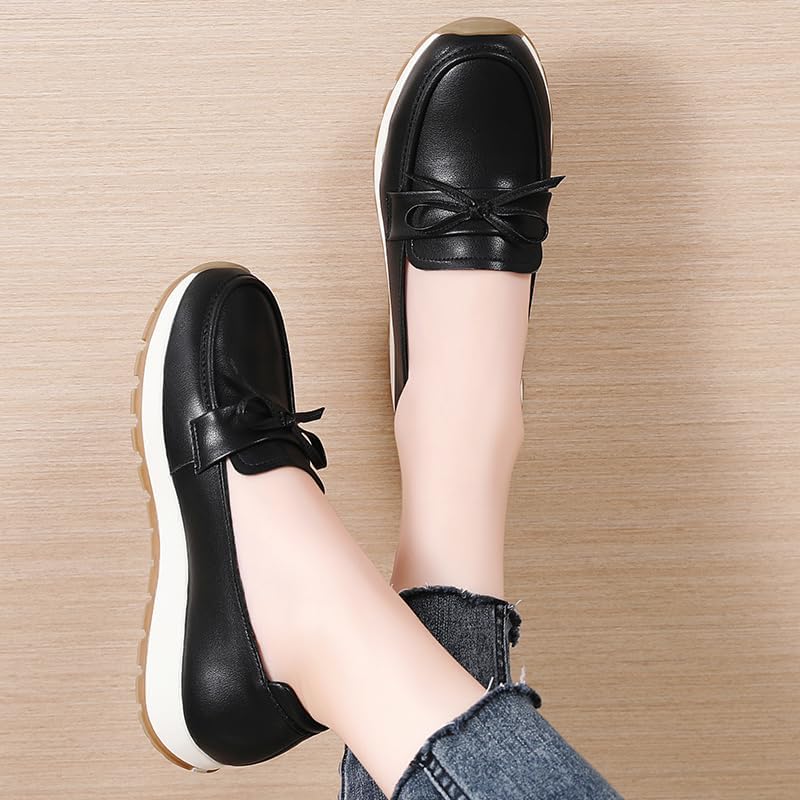 Women's Black Bowknot Decor Loafers, Leather-Like Comfortable Slip-On Platform Casual Shoes for Daily Wear & Work
