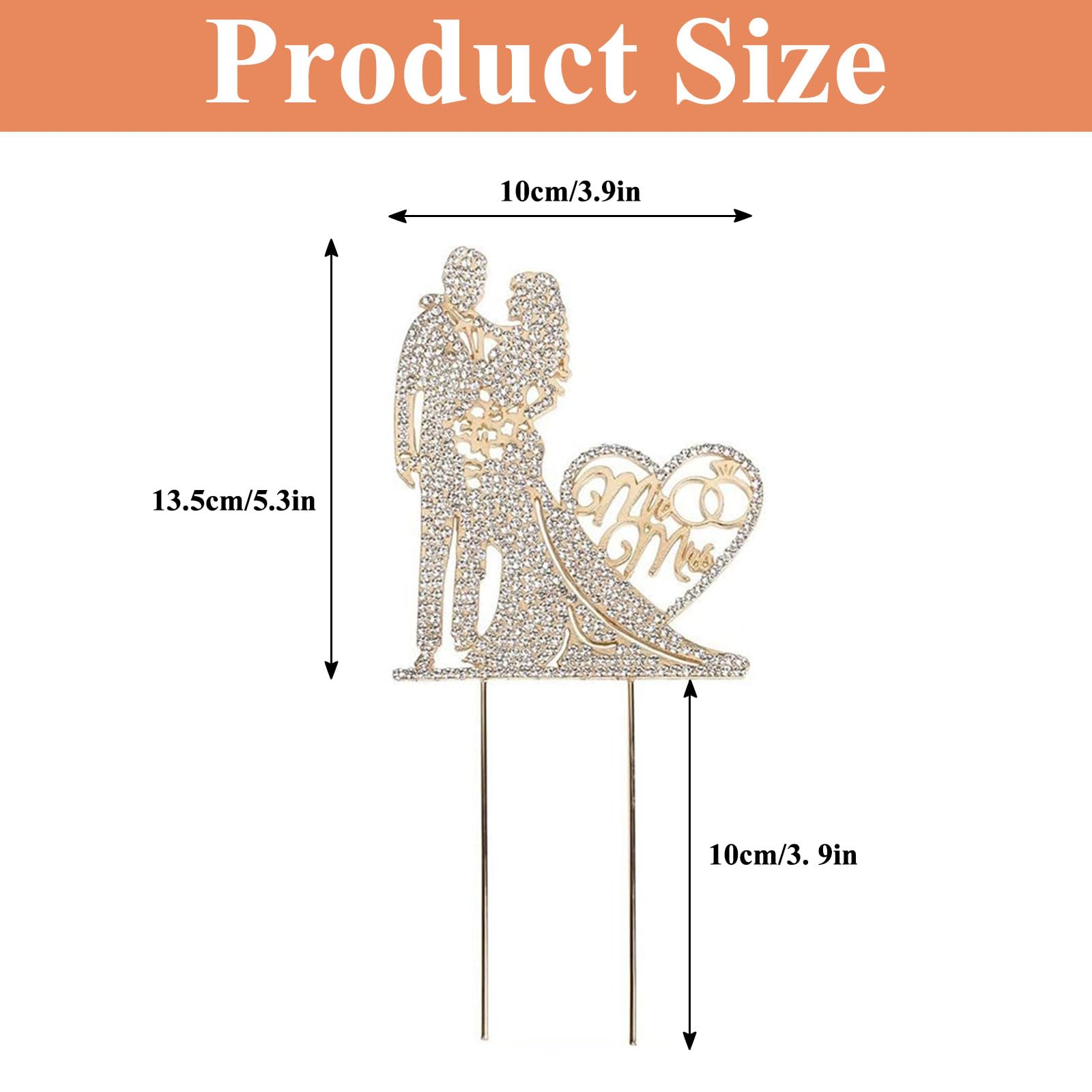 GVSS Gold Wedding Cake Figurine 23.5 x 10 cm, Metallic Wedding Topper and Groom, Wedding Cake Decoration with Rhinestones - Image 2