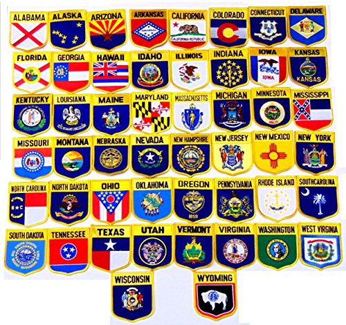 United States State Shield Flag Patch Set!! 50 State Shield Flag Patches, Measure 3 1/8" x 3 1/2", One Patch for Each State in The Country Embroidered Iron On or Sew On Flag Patch Emblem
