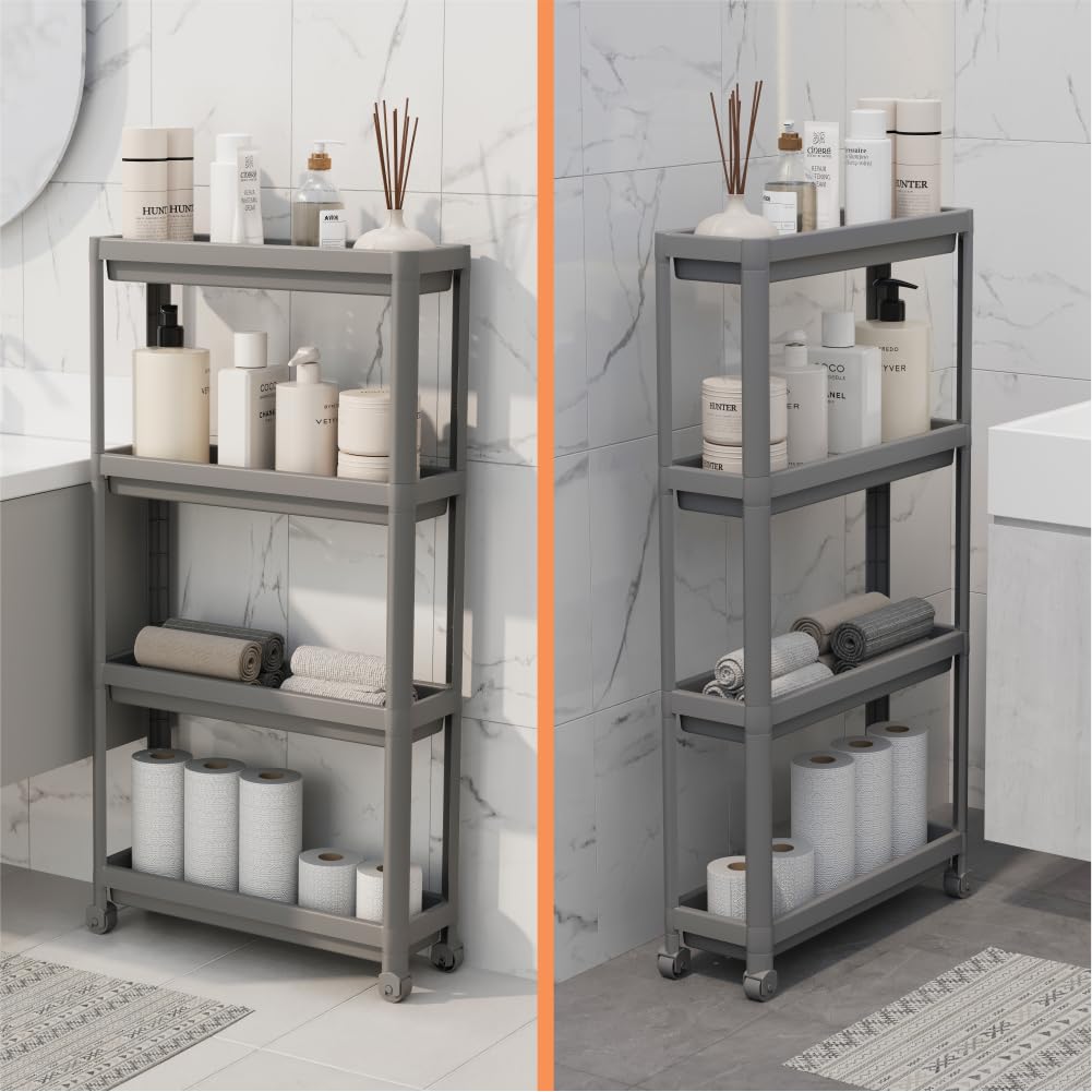 sugodesign Carrello sottile con 4 ripiani, organizer da cucina e bagno, mensola salvaspazio per nicchie strette, bianco, grigio e nero (grigio)