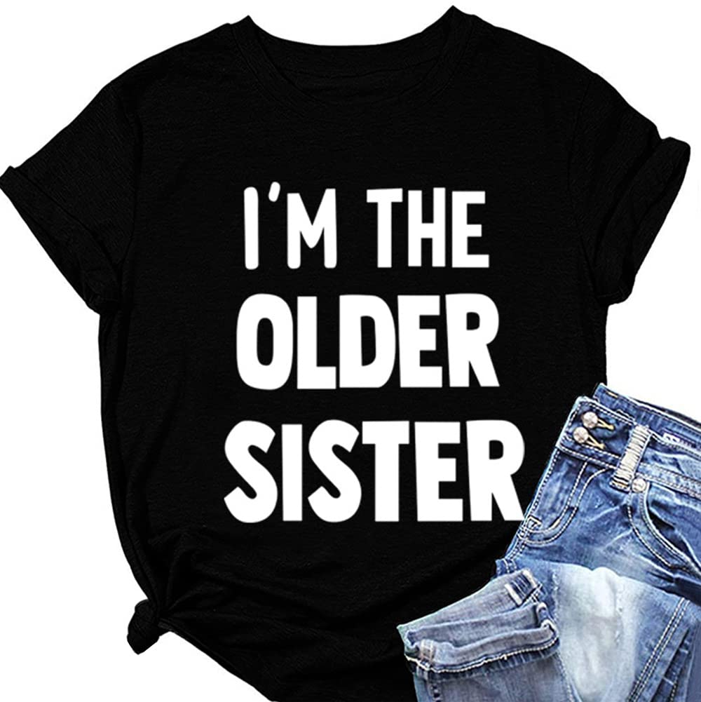 Mlzhan Women's Black I'm The Older Sister Tees Shirts Harajuku Crewneck Short Sleeve Blouses Tops Aesthetic Clothing (,M,M)
