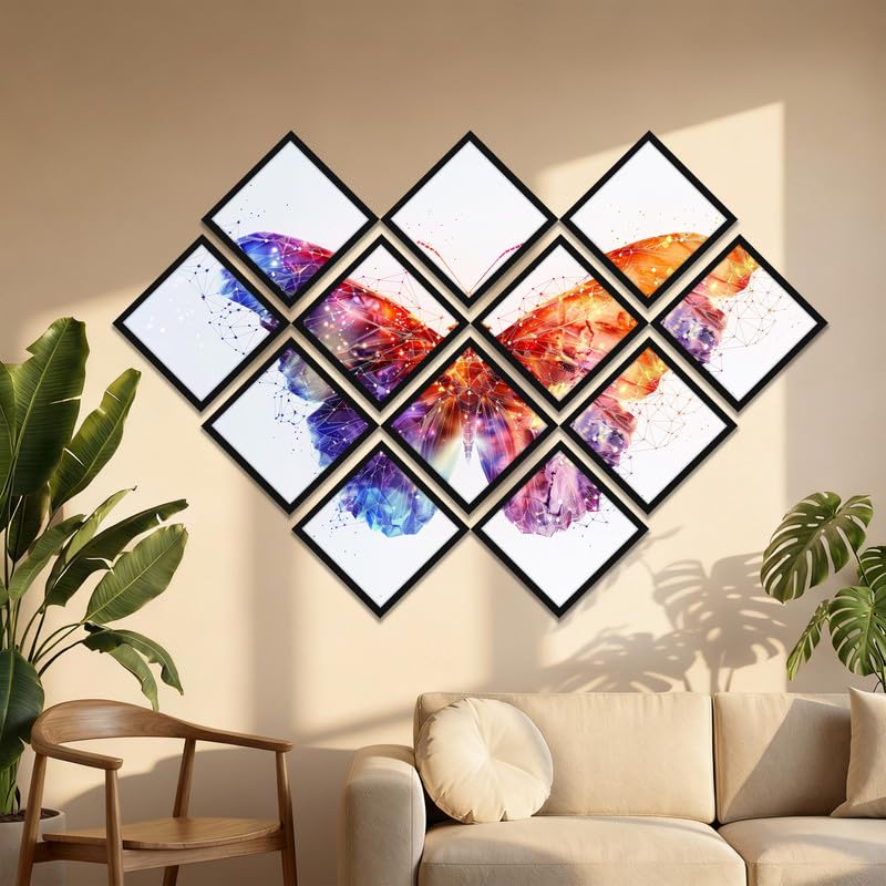 Image of NoWorries Diamond Shape Wall Painting Set 12 with Frame | Colorful Butterfly Multi Frame Artwork, Modern Abstract Wall Decor for Living Room, Bedroom, Office and Home Decoration (Art-6, Frame Size-10x10 inches)