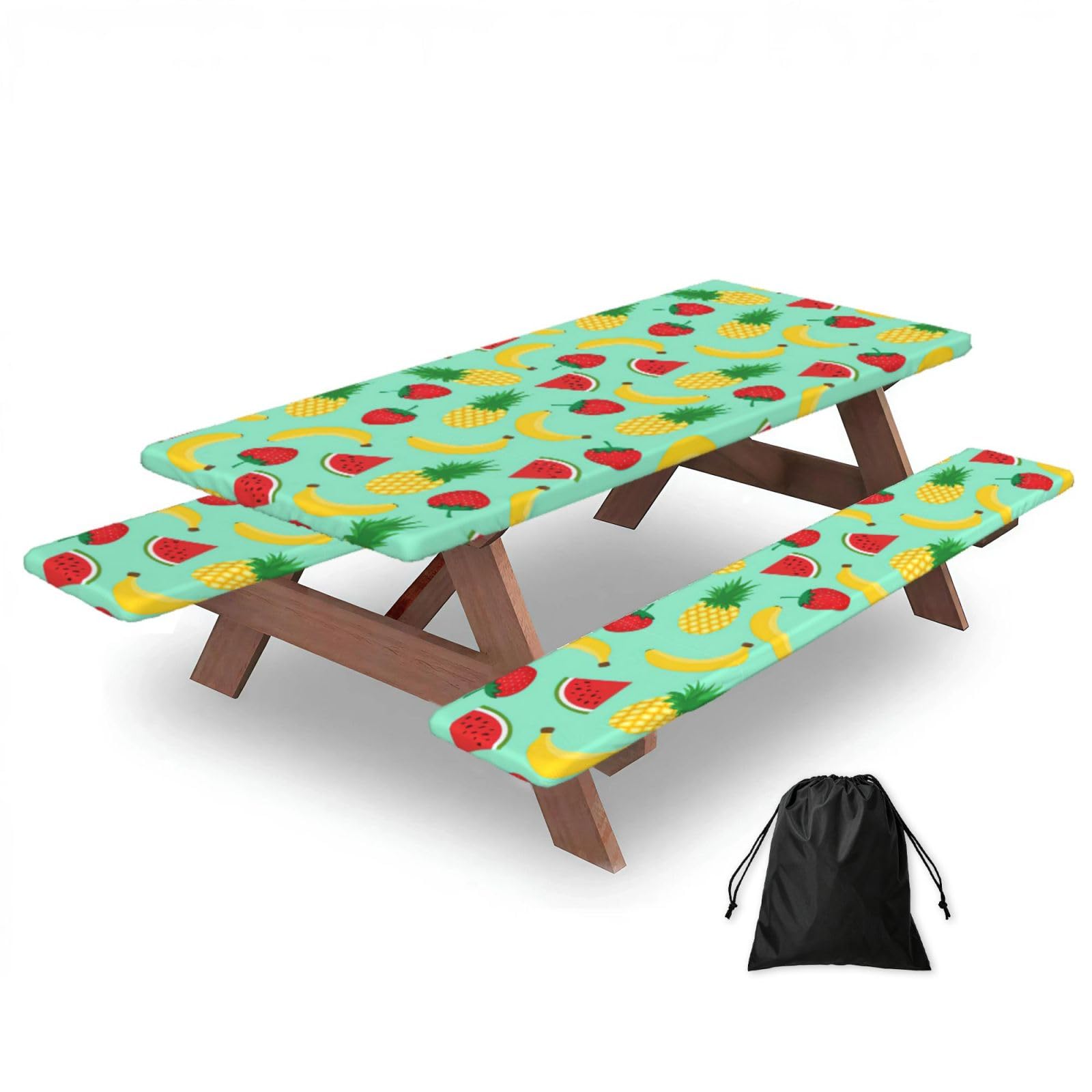 Yqxwjl Black Banana Strawberry Pineapple Print Camping Essentials Waterproof Camping Table And Bench Cover With Drawstring Bag 183 Cm