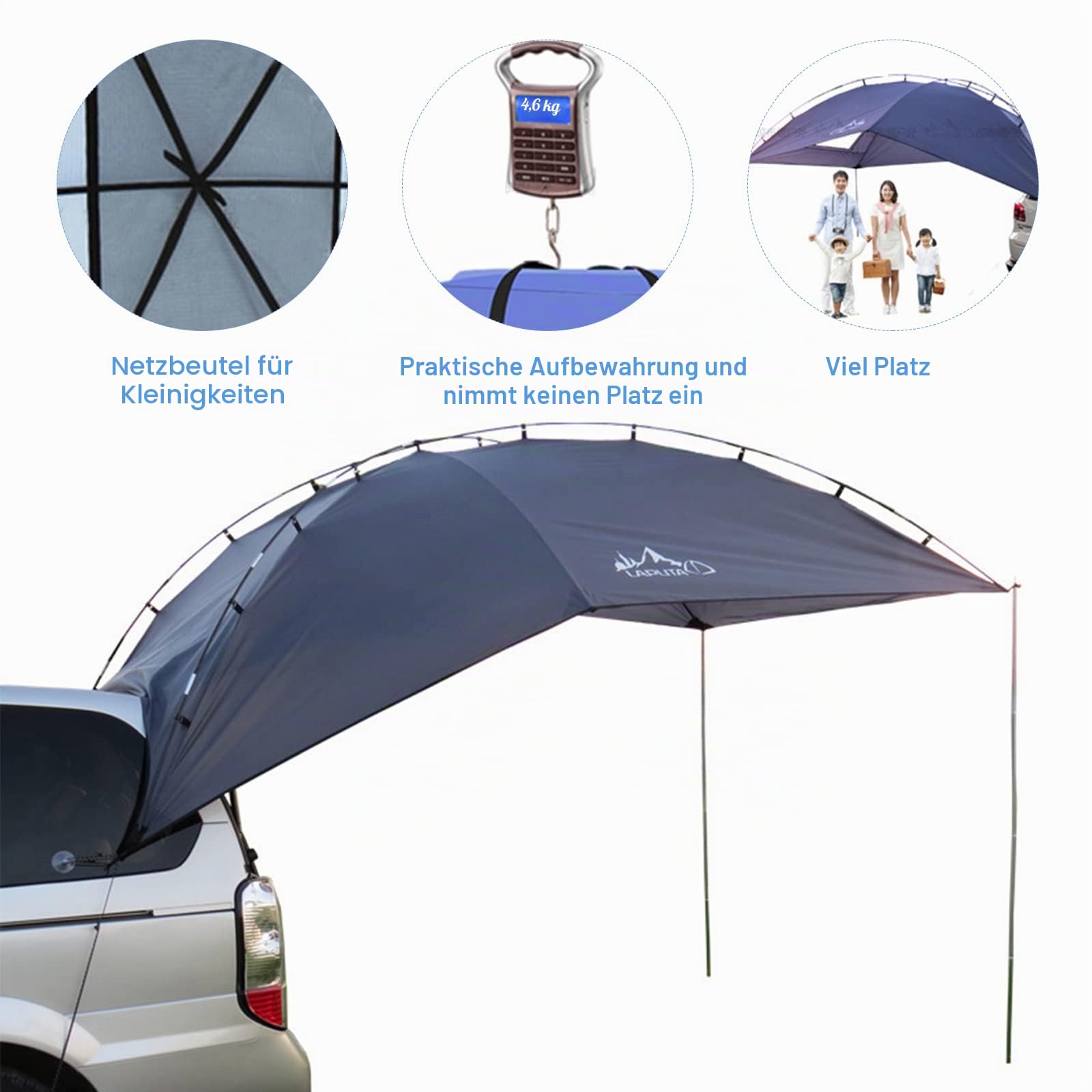 Zelt Auto Camping, Heckklappen Zelt pkw Auto Markise, Anti-UV, Wasserdicht 350 x 240 x 105 cm, Autozelt Sonnendach für Verschiedene SUV-Modelle Camping, Angeln, Strand