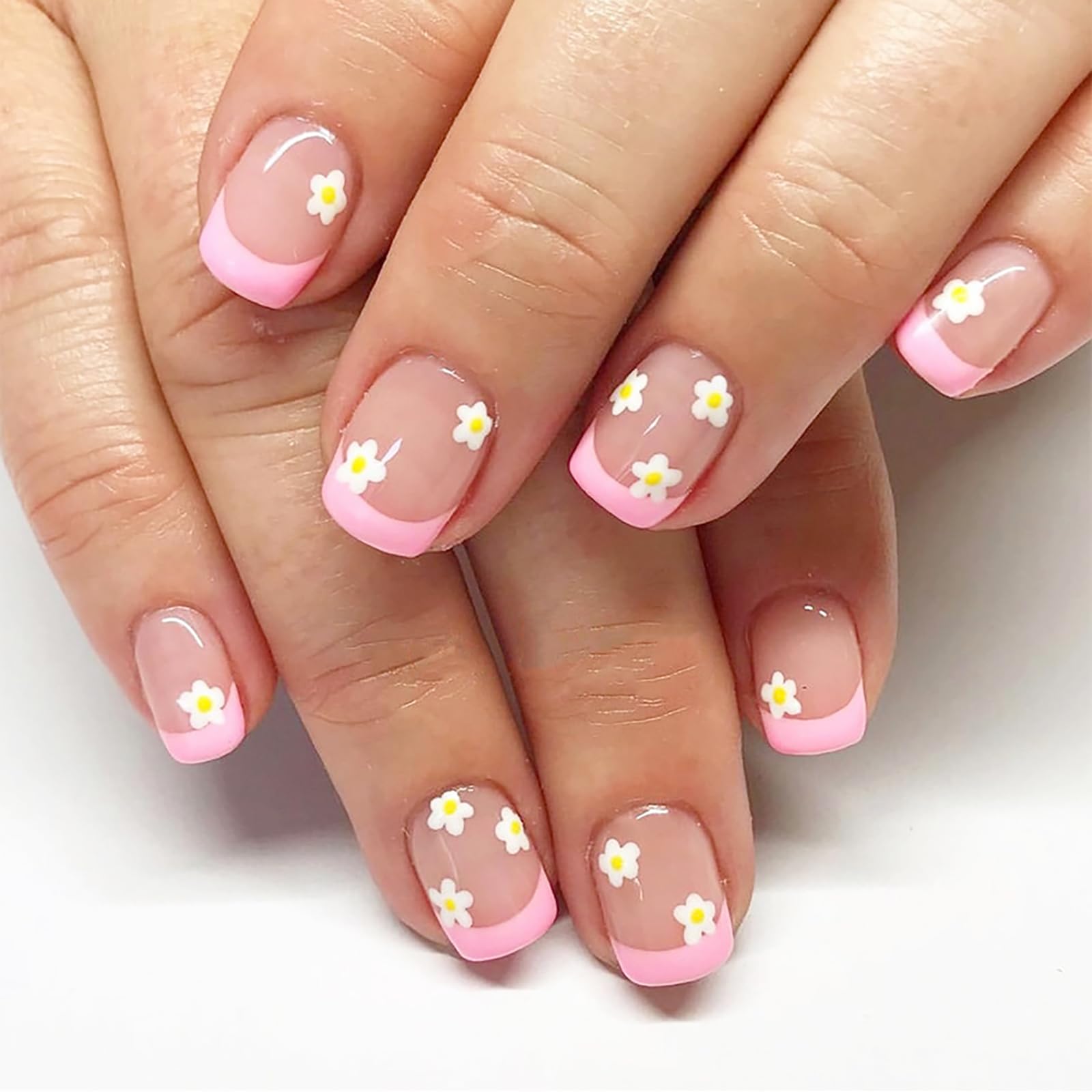 Photo 1 of 24Pcs Spring Press on Nails Cute Flower Design Fake Nails Pink Nail Tip Acrylic Nails Full Cover Glossy False Nails Short Square Nails Reusable Stick on Nails for Women Girls Spring Summer Nail Art
