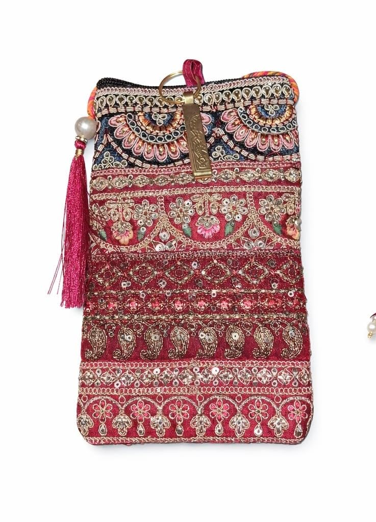 Embroidered Mobile Phone Pouch for Hand and Shoulder with Waist Clip Hook and Sling, Hand Wallet for Women and Girls, for Wedding, Party, Festivals Multicolour-image-6