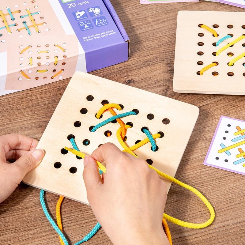 EduLand Montessori Montessori Practical Life Montessori-Inspired Sewing Lacing Weaving Wooden Boards with Lacing Ropes Pattern Cards Montessori Sewing Boards for 2 3 4 5 6 7 8 Years Old Toy Gift Set