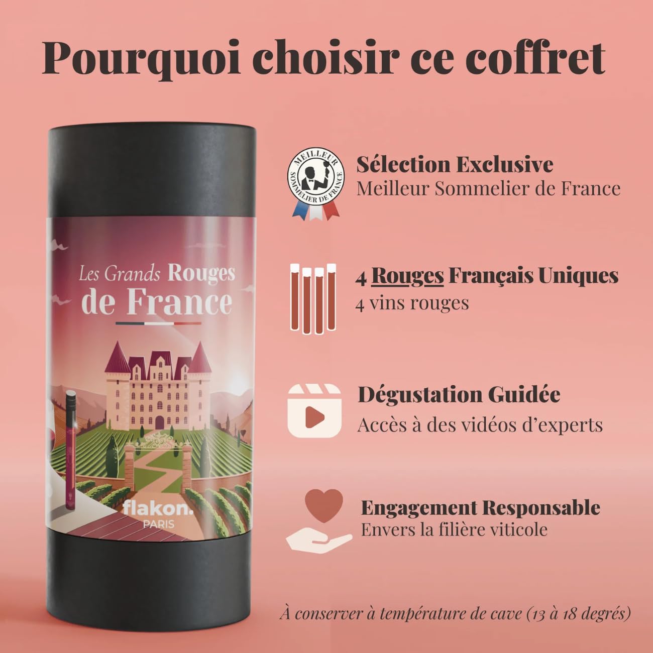 FLAKON – Coffret Les Grands Rouges De France – Sélection Exclusive Par Un Meilleur Sommelier De France – Dégustation Guidée En Vidéo – Idée Cadeau Homme – Coffret Vin Premium À Partager