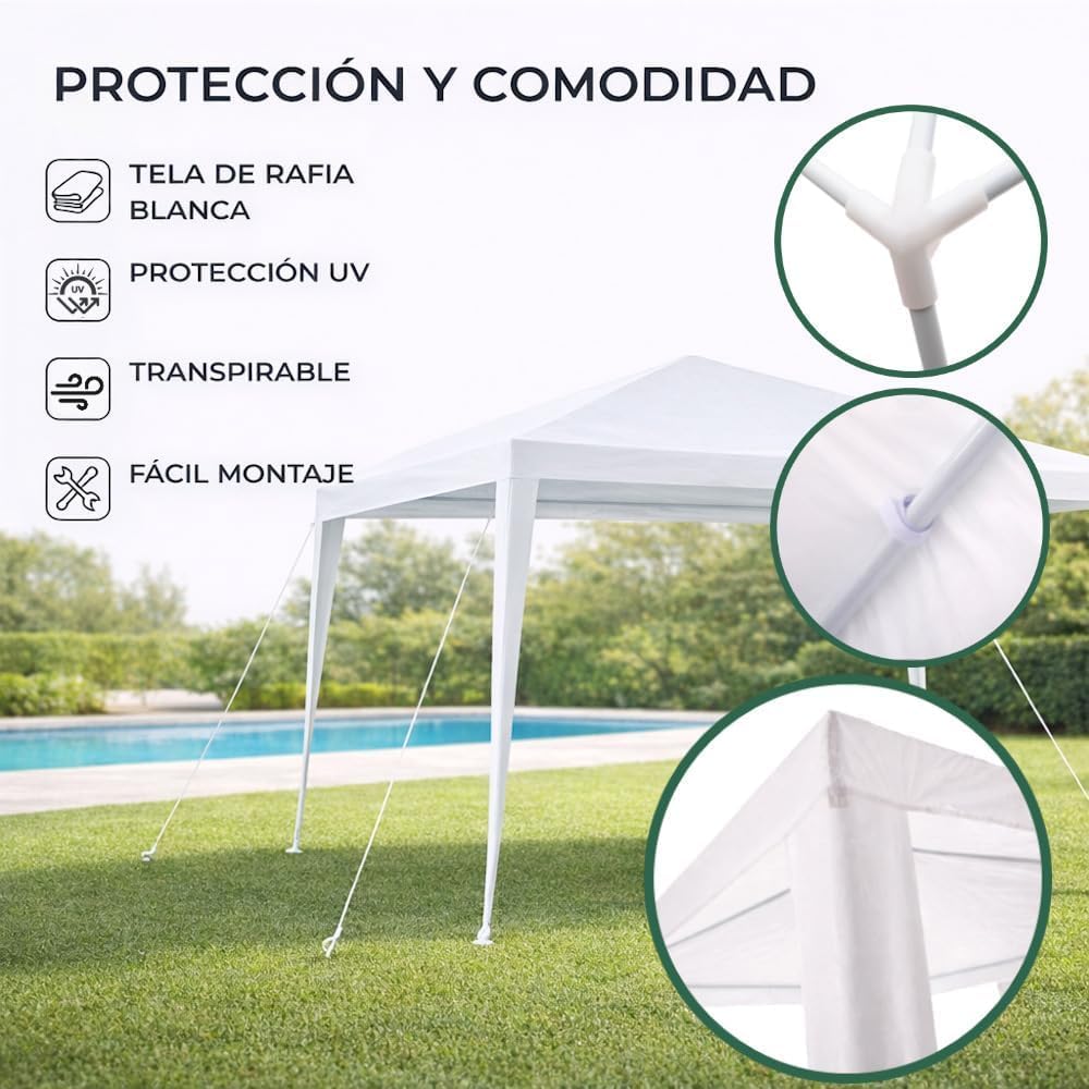 Carpa Desmontable 3x3 m Impermeable Blanca – Estructura de Acero Resistente, Cubierta de Rafia, Incluye Piquetas y Vientos – Ideal para Jardín, Eventos y Mercado