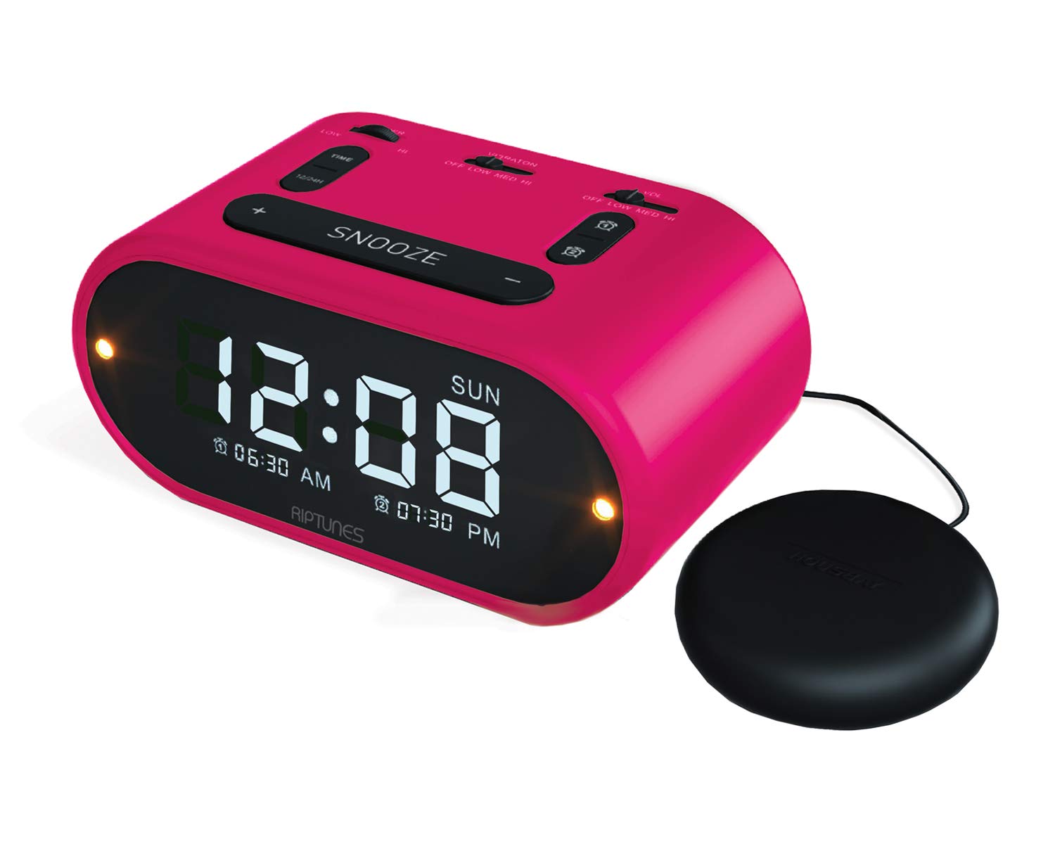 Riptunes Loud Alarm Clock with Bed Shaker for Heavy Sleepers & Hearing Impaired - Dual Alarm for Bedroom Weekday and Weekend Settings USB Charging, Dimmer, Snooze