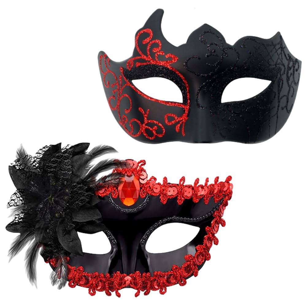 Masquerade Mask Set, 2PCS Venetian Mask for Men Women Masquerade Masks for Couples Party Half Face Carnival Masks Cosplay Costume Masque for Carnival Party,Fancy Dress Ball,Masked Ball(Red)