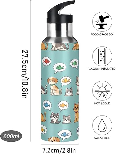 Miniatura 9 de BPA-Free Sports Water Bottle with Straw 32 Oz, Stainless Steel Vacuum Insulated Water Bottle for Gym Outdoor Travel School, Cartoon Cats Dogs