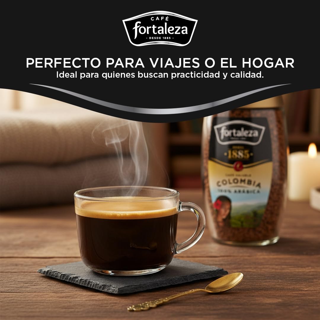CAFÉ FORTALEZA Café Soluble 100% Arábica de Colombia Pack 100g x 6 (Total 600g) - Café Instantáneo Suave con Matices Florales y Herbales - Café Soluble de Tueste Natural para Despertar tu Día