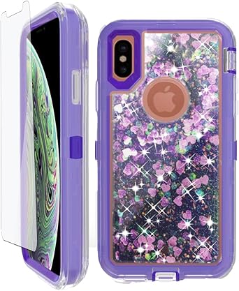 Asuwish Phone Case for iPhone Xs Max with Screen Protector Bling Liquid Glitter Clear Hybrid TPU Military Grade Protective Cell Cover i X XR Xsmax 10x SX Xmax 10xs 10s 10 Plus Xmaxs Women Girls Purple