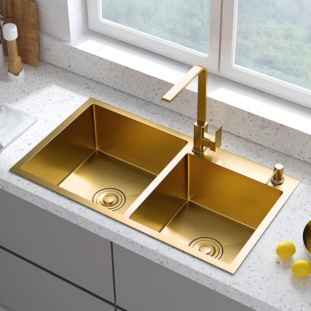 Double Bowl Kitchen Bar Sink Wet Bar & Prep Sink Stainless Steel RV Sink with Square Faucet & Drain Top Mount Or Undermount (Color : Gold, Size : 72x40x21cm)