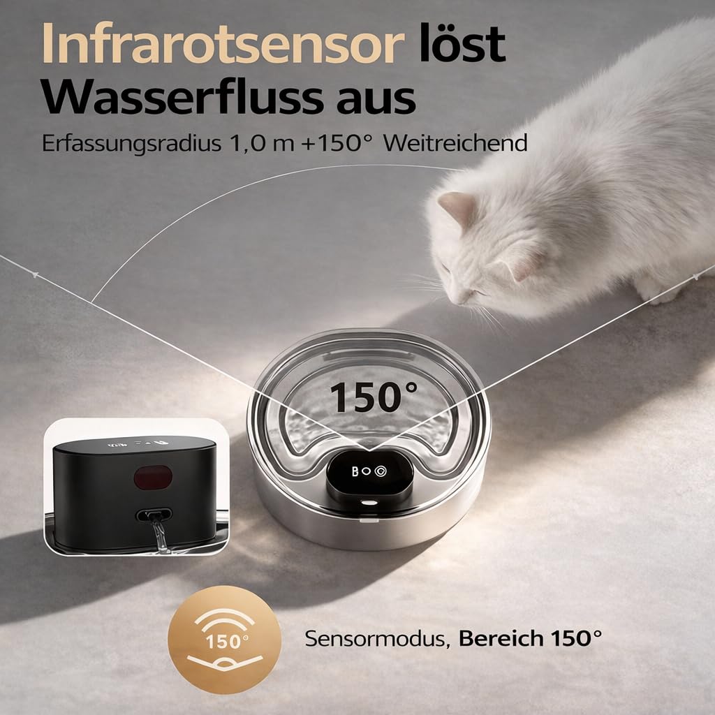 HOMELODY Fuente para gatos inalámbrica de acero inoxidable, 3,2 L, con batería, hasta 120 días, funcionamiento con sensor, silenciosa, con sistema de filtro de 5 compartimentos para gatos y perros