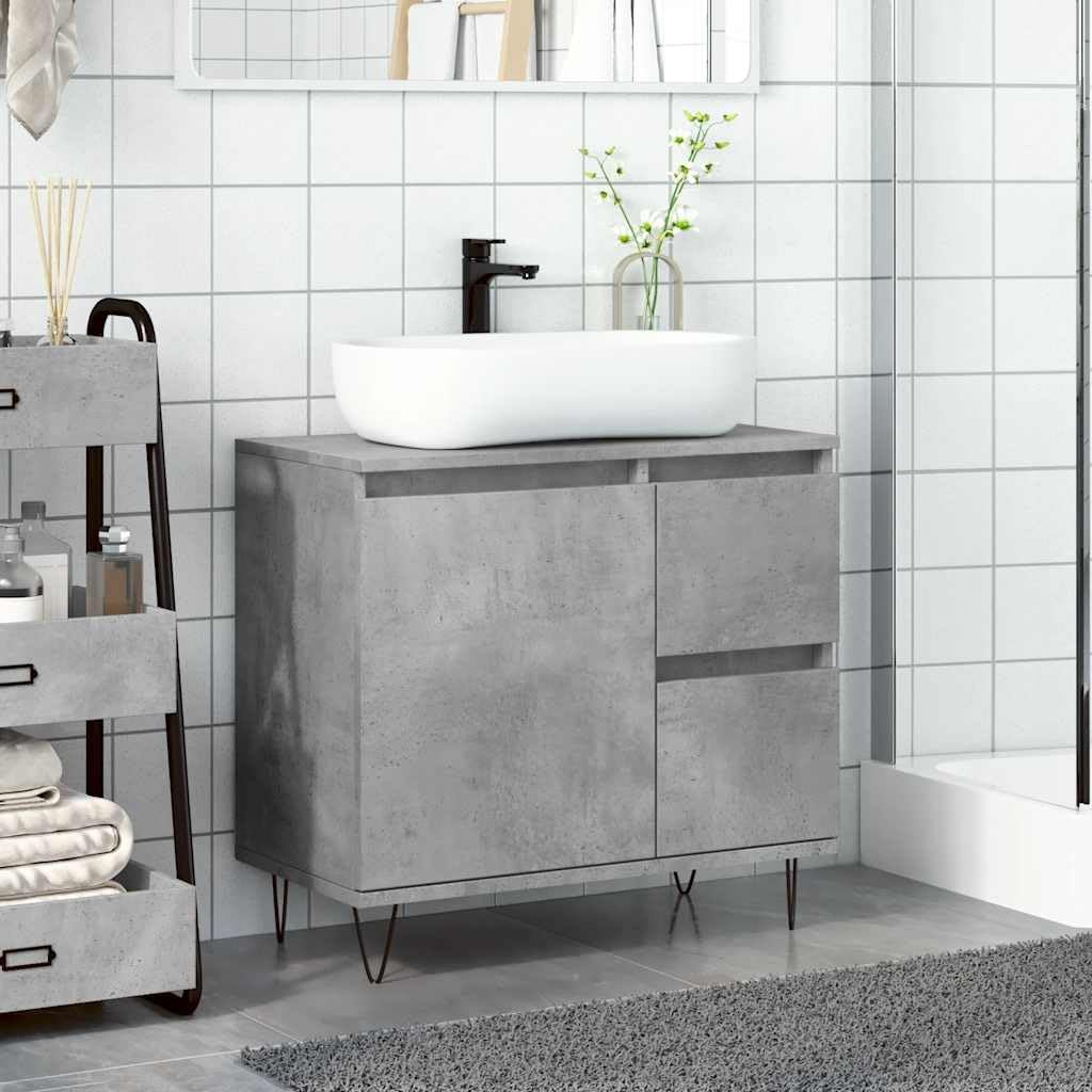 Mobile sottolavabo grigio cemento, 65 x 33 x 60 cm, in legno con gambe in ferro, mobile da bagno impermeabile con spazio per piccoli bagni, pratico set di mobili da bagno, salvaspazio
