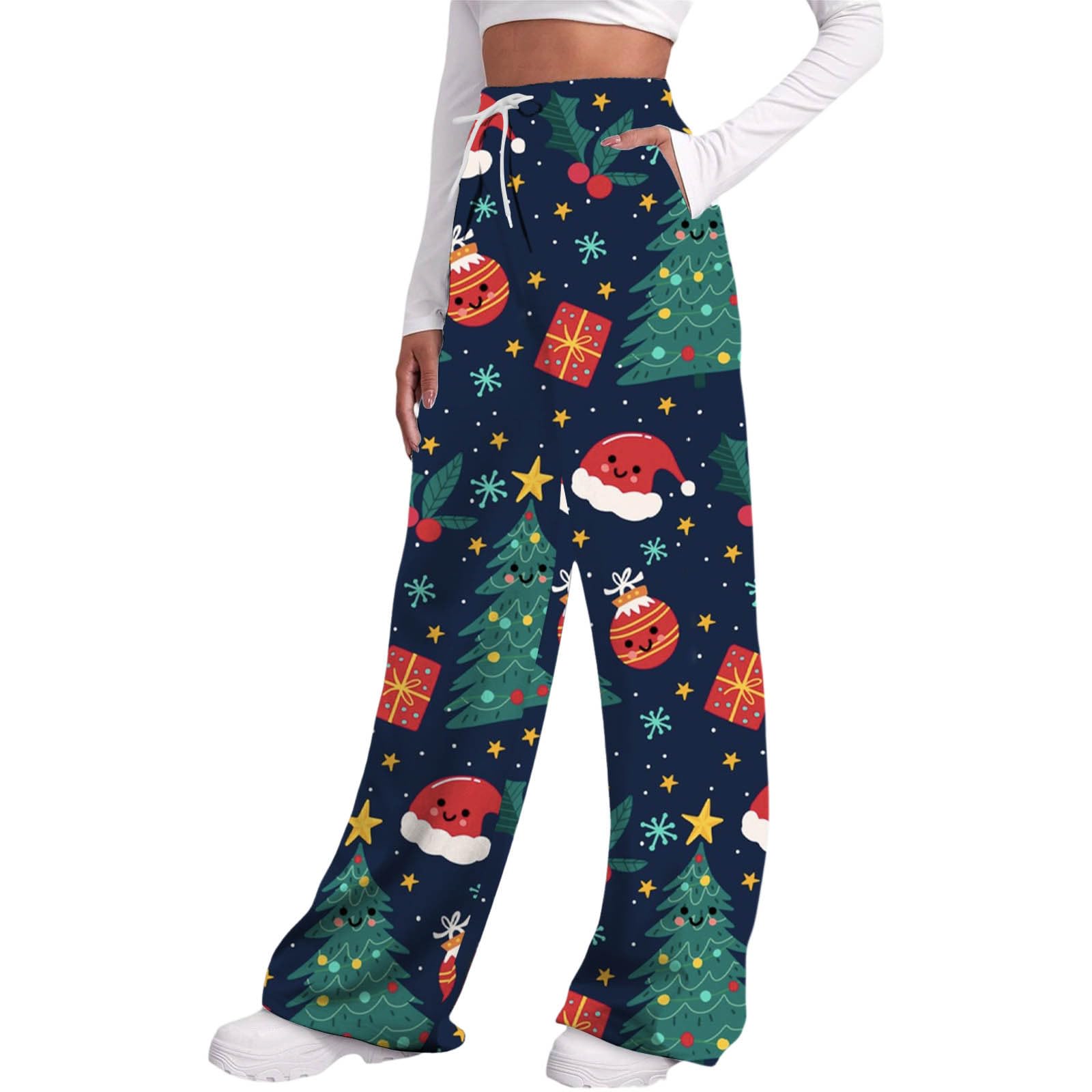 Pantalon Chandal Mujer Chandal Ancho Jogger Pantalones Casuales Femeninos Tiro elástico cordón Estampado Yoga Deportivo Bolsillos Laterales Ajuste cómodo