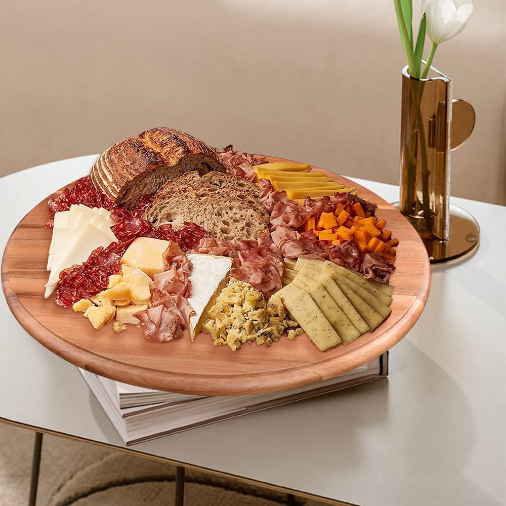Acacia Wood Lazy Susan Turntable,16.14inch Big Wooden Rotate Tray Storage Organizer Tray for Kitchen Dinner Party, Rotating Disc Grazing Plate, Countertop Table Centerpiece, Cheese Charcuterie Platter