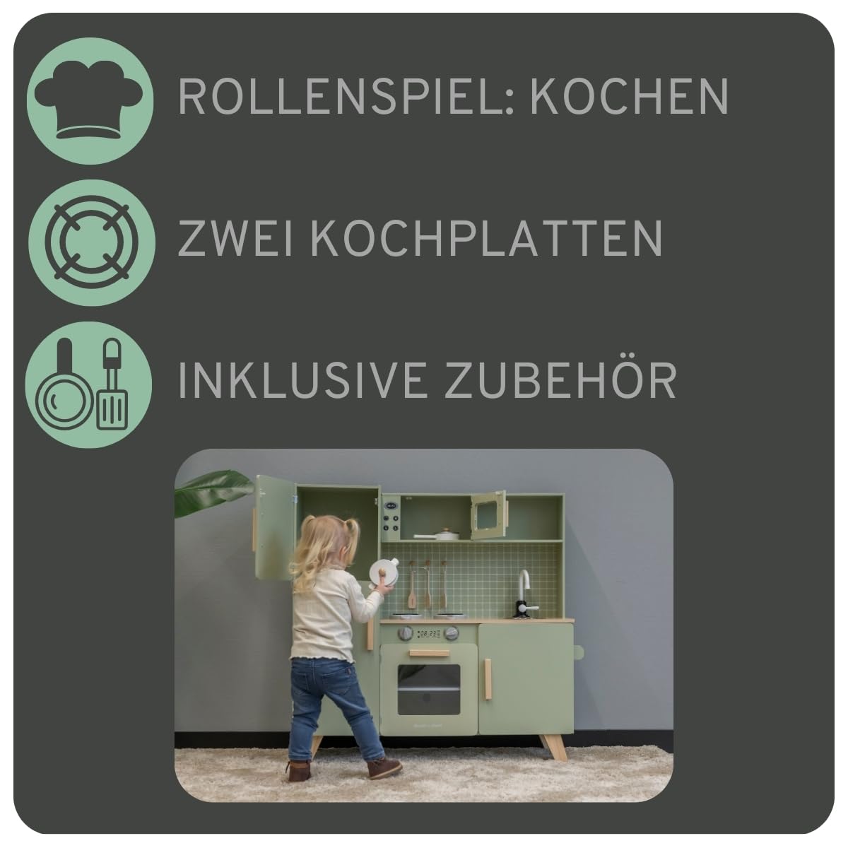Bandits & Angels Holz-Kinderküche XL Modern Green ab 3 Jahren – Thekenhöhe 52 cm – Inkl. 5 Zubehörteile - Für Jungen und Mädchen - Kinderküche - Spielzeugküche - Grüne Spielküche