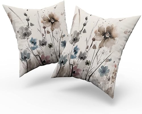 Miniatura 8 de Sweetshow Juego de 2 fundas de almohada florales en acuarela marrón y gris de 18 x 18 pulgadas, color rústico, crema, gris y azul, estampado de