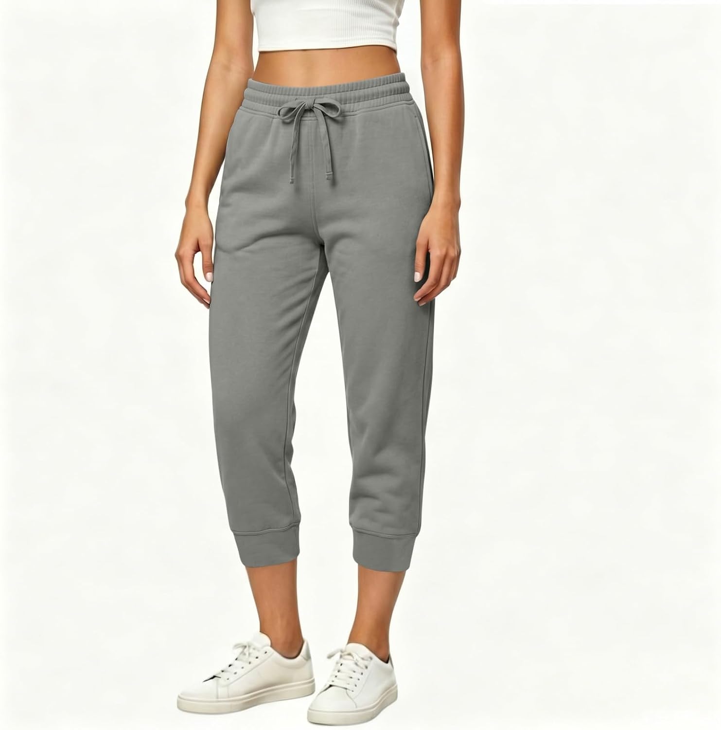 Women’s Fleece Capri Joggers Athletic Lounge Gym Running Sweatpants High Waist Drawstring Sweatpants with Pockets