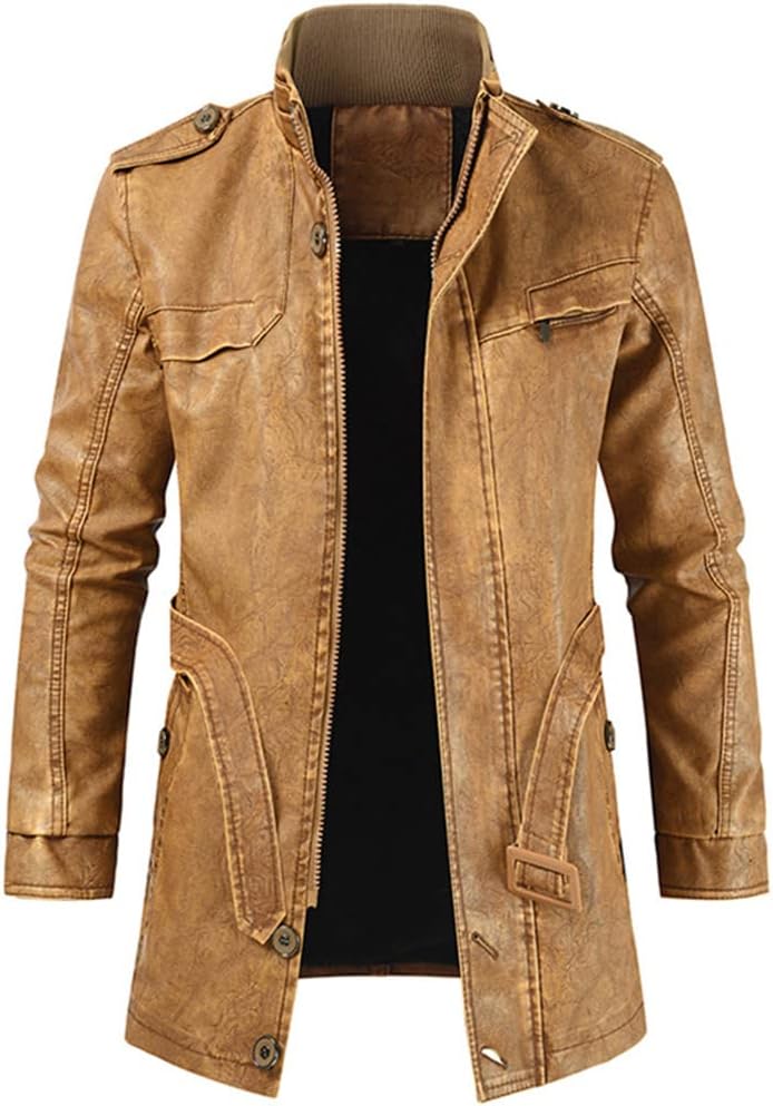 Men Winter Long Thick Fleece Leather Parkas, Outfit Warm Casual Vintage Faux Leather Jacket Coat