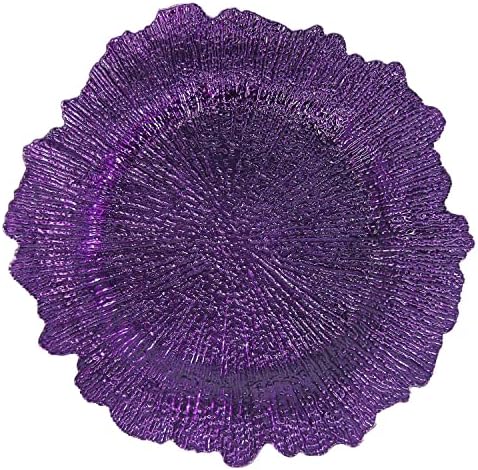 WELMATCH Purple Plastic Reef Charger Plates - 12 pcs 13 Inch Round Floral Sponge Charger Plates Wedding Party Decoration (Purple, 12)