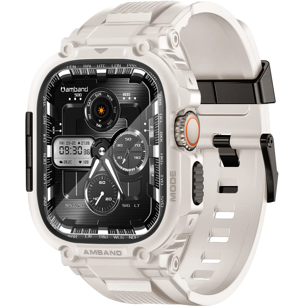 amBand Bands Case Screen Protector Compatible with Apple Watch Ultra 49mm, M1 Sport Series Rugged Cover Strap and 2 Pack Tempered Glass Film, Military Protective Bumper for iWatch 49 mm Men Starlight