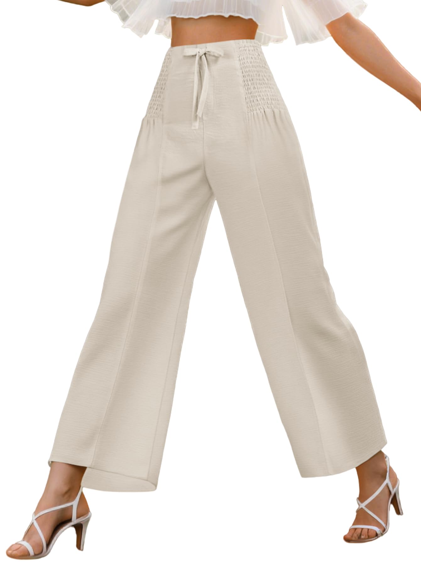 Womens High Waist Casual Palazzo Pants Drawstring Smocked Boho Wide Leg Beach Trousers Flowy Loose Fit Pant
