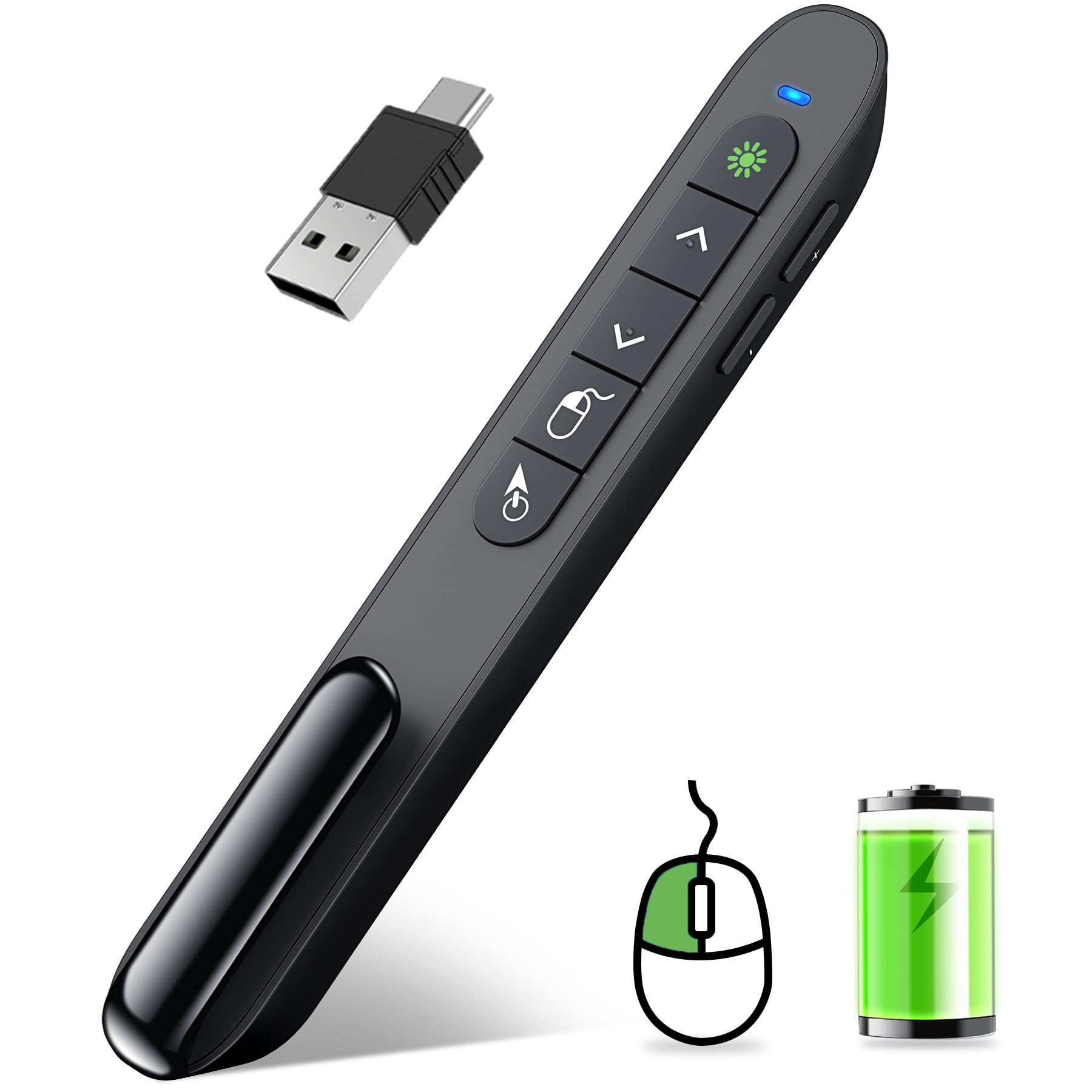 DINOSTRIKE Air Mouse Green Light USB A&C Rechargeable Presentation Clicker Wireless Presenter Presentation Remote Control RF 2.4 GHz Powerpoint Clicker Slide Advancer for Mac Laptop Computer