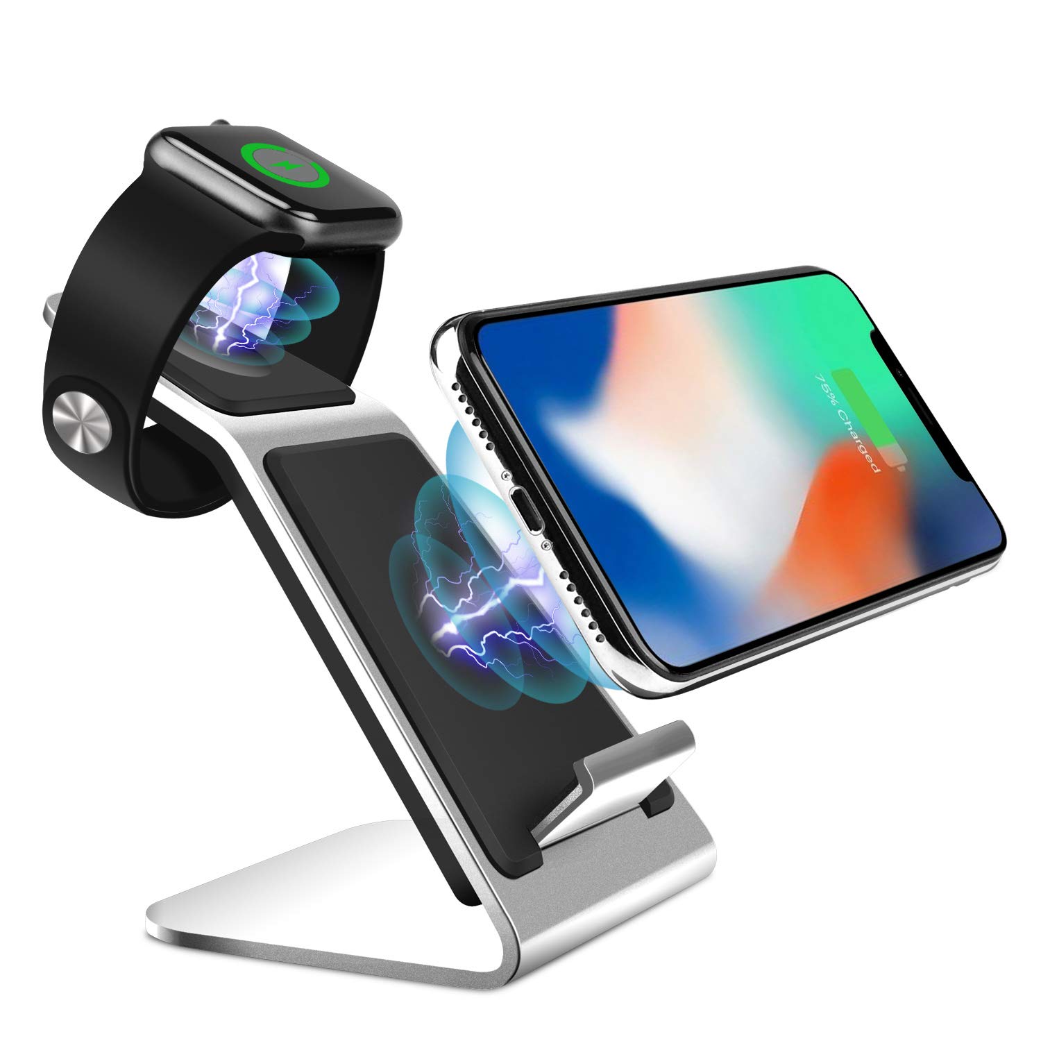 Metal Wireless Charging Station,2 in 1 QI Wireless Fast Charger Stand for Apple Watch 4/3/2/1 Wireless Charger Dock for iPhone X/XS/XSMAX/XR/8/8+,Samsung S10/S10+S9/S9+/S8/S8+/S7/Note9,Huawei(silvery)