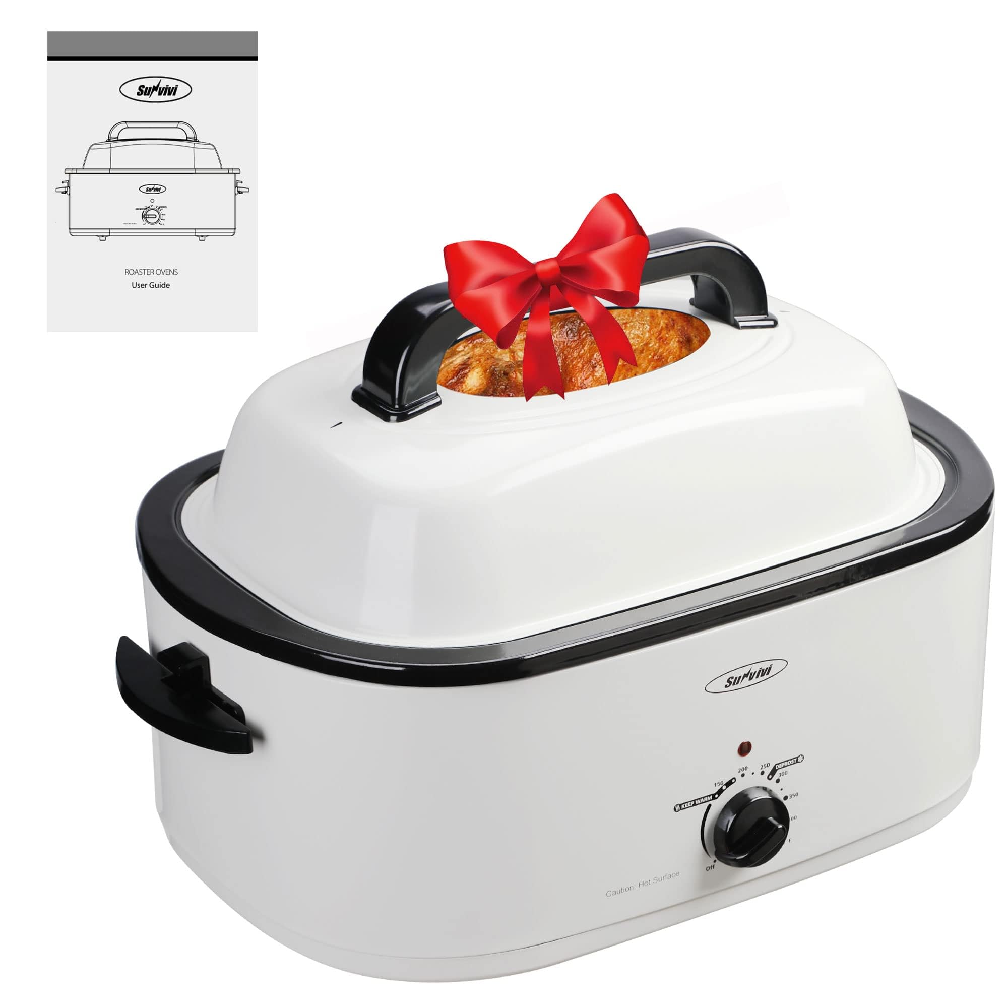 Roaster Oven, Electric Roaster Oven with Viewing Lid, Large Roaster with Removable Pan &amp; Rack, Turkey Roaster with Unique Defrost/Warm Function, Stainless Steel, White, 24QT