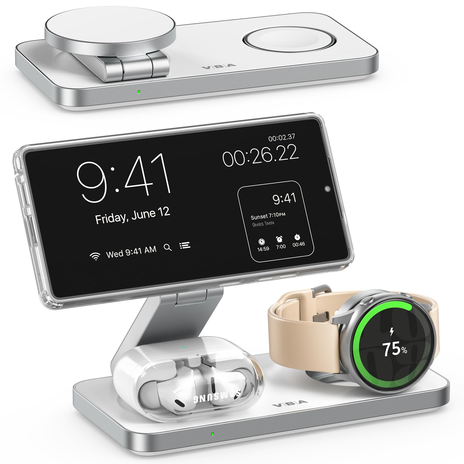 Caricabatterie wireless magnetico 3 in 1 per Samsung Galaxy, stazione di ricarica rapida pieghevole per MagSafe Samsung Galaxy S26 Ultra S25 S24 Z Fold Flip 8 Watch 8 7 Buds 4 3 Pro, non per Samsung