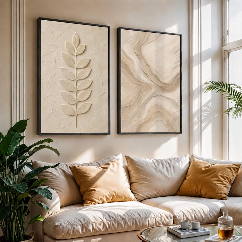 Image of NoWorries Minimal Leaf Wall Painting Set of 2 with Frame | Neutral Beige Botanical Leaf & Abstract Marble Texture Artwork, Modern Nature Wall Decor for Living Room, Bedroom, Office and Home Decoration (Art-14, 17x25inch)