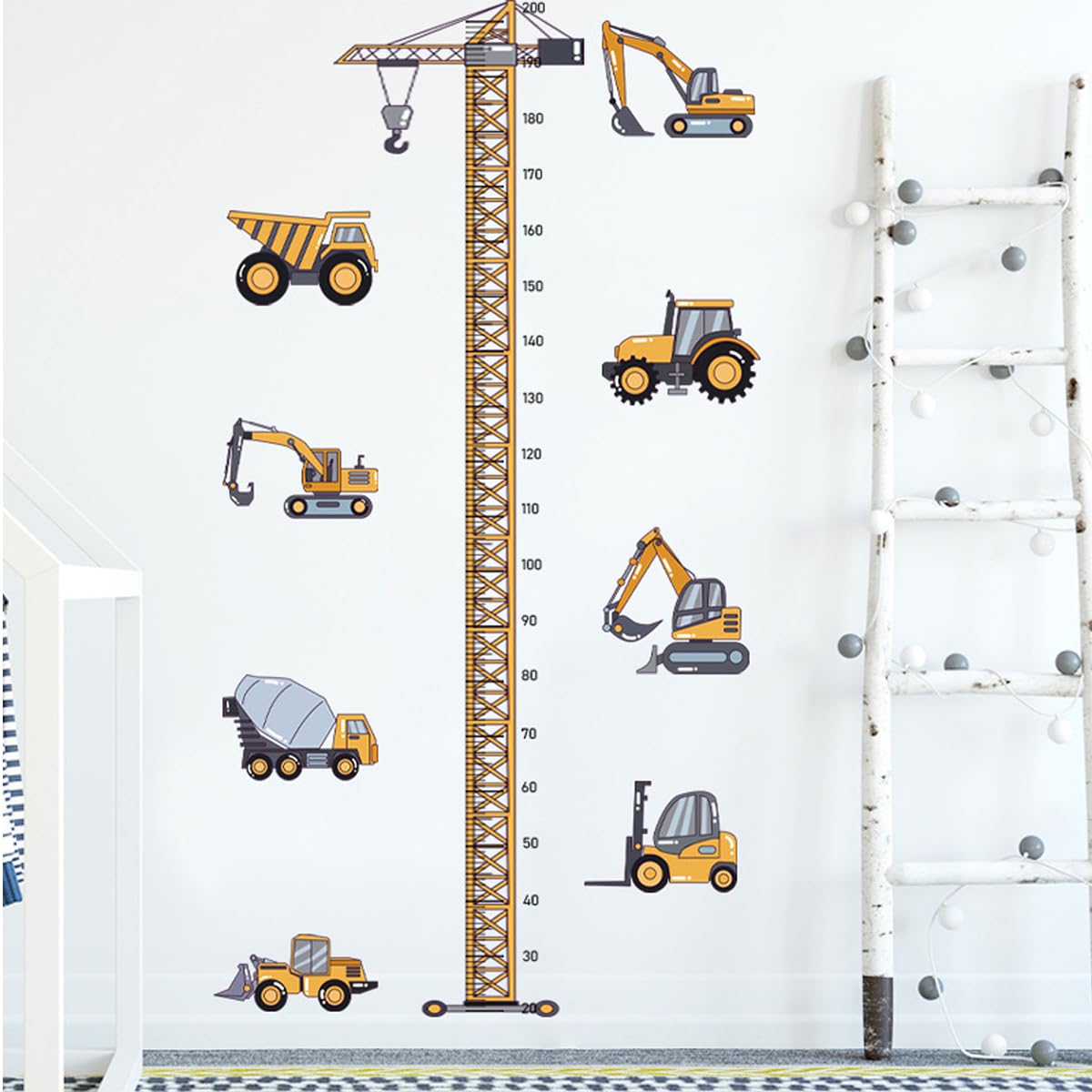 Metro Adesivo Bambini Parete, Metro da Parete per Bambini, Adesivi Cameretta Bimba con Metro a Nastro per Veicolo da Costruzione, Autoadesivo Rimovibile per Cameretta, Bambino e Ragazza, 20-200 cm