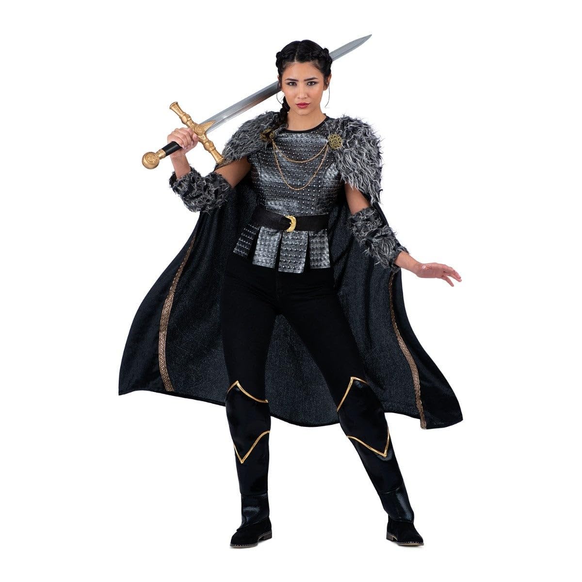 My Other Me - Disfraz Vikinga mujer talla XXXL adulto en gris y negro | Incluye capa con broches, cuello y manguitos de pelo sintético, túnica con tachuelas metálicas, cinturón y cubrebotas