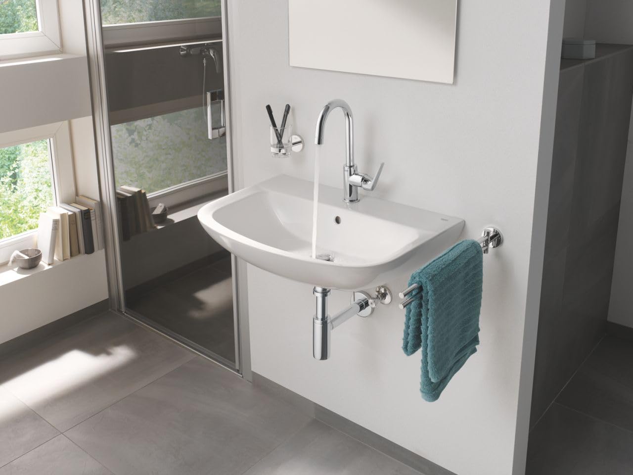 GROHE Start Flow, Waschtischarmatur hoch, wassersparend (Wasserhahn für das Bad, Badarmatur mit Zugstangen Ablauf, 31cm hoch, einfache Installation am Waschbecken), chrom, 23811000