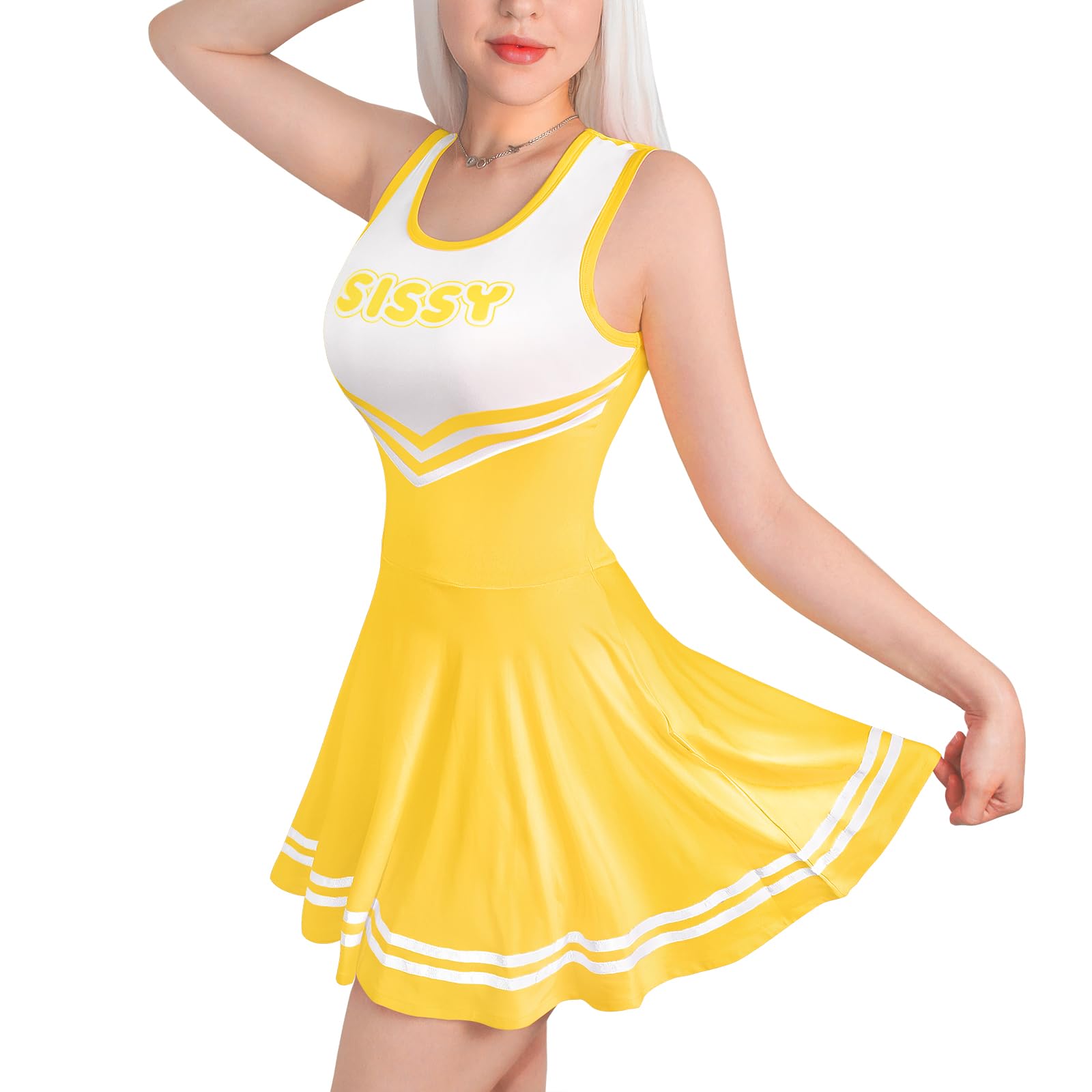 Littleforbig Women Sleeveless Overall Cheer Sissy Bodycon Mini Dress Skirt: Yellow X-Small