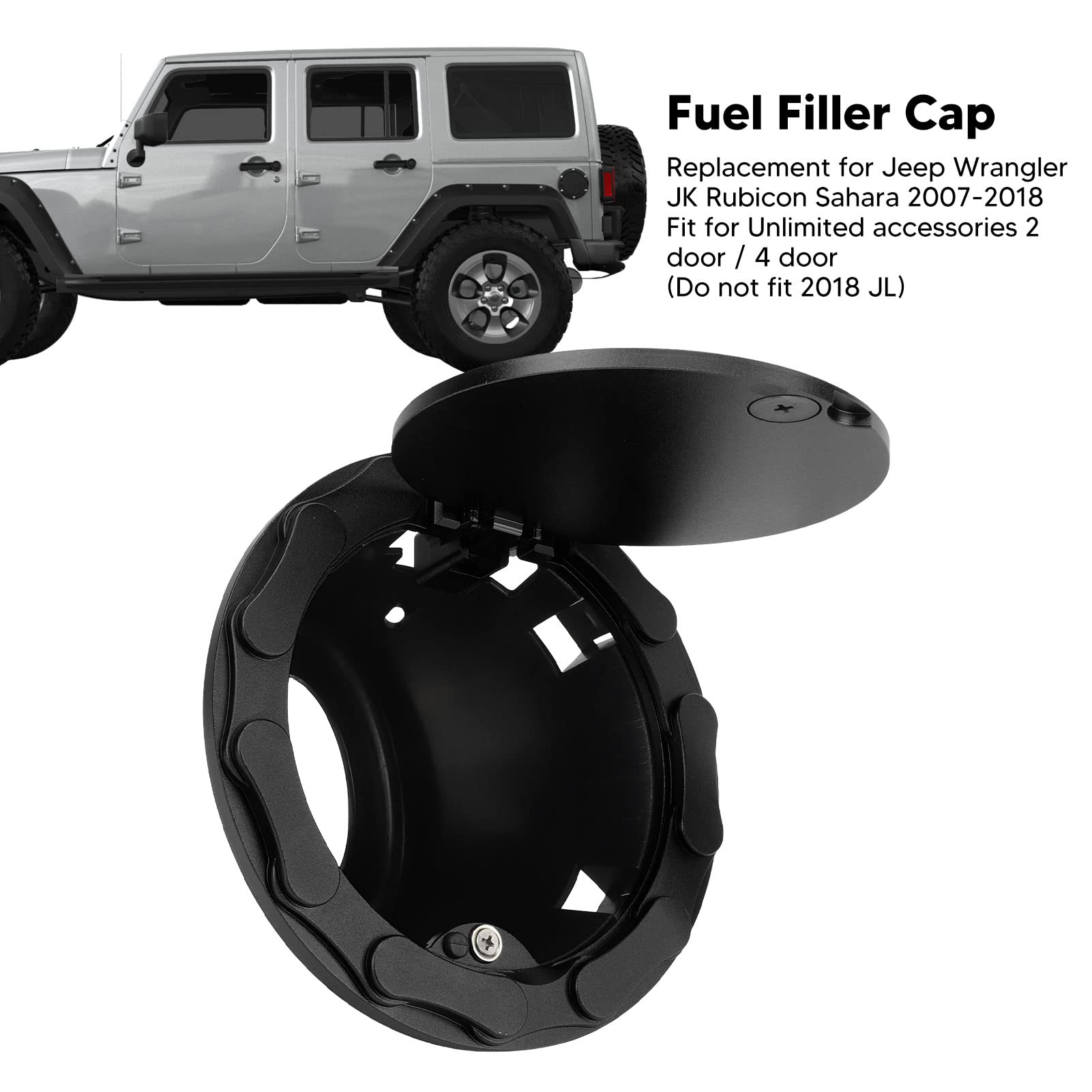 Fuel Fuel Filler Cover Replacement for Wrangler JK Sahara 2007-2018, for Unlimited Accessories 2 door 4 door, Do not fit 2018 JL (Black)