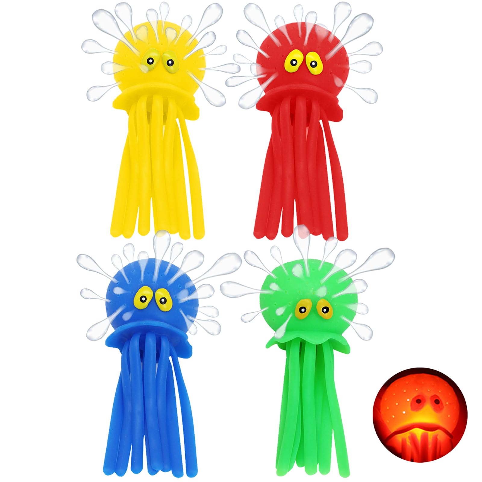 YOUYIKE Pulpo - Juguetes de baño con luz LED y pulverizador de Agua, Juego de 4 Animales de Buceo, Juguetes acuáticos para niños a Partir de 3 años, Ideal para Piscina, Playa y bañera