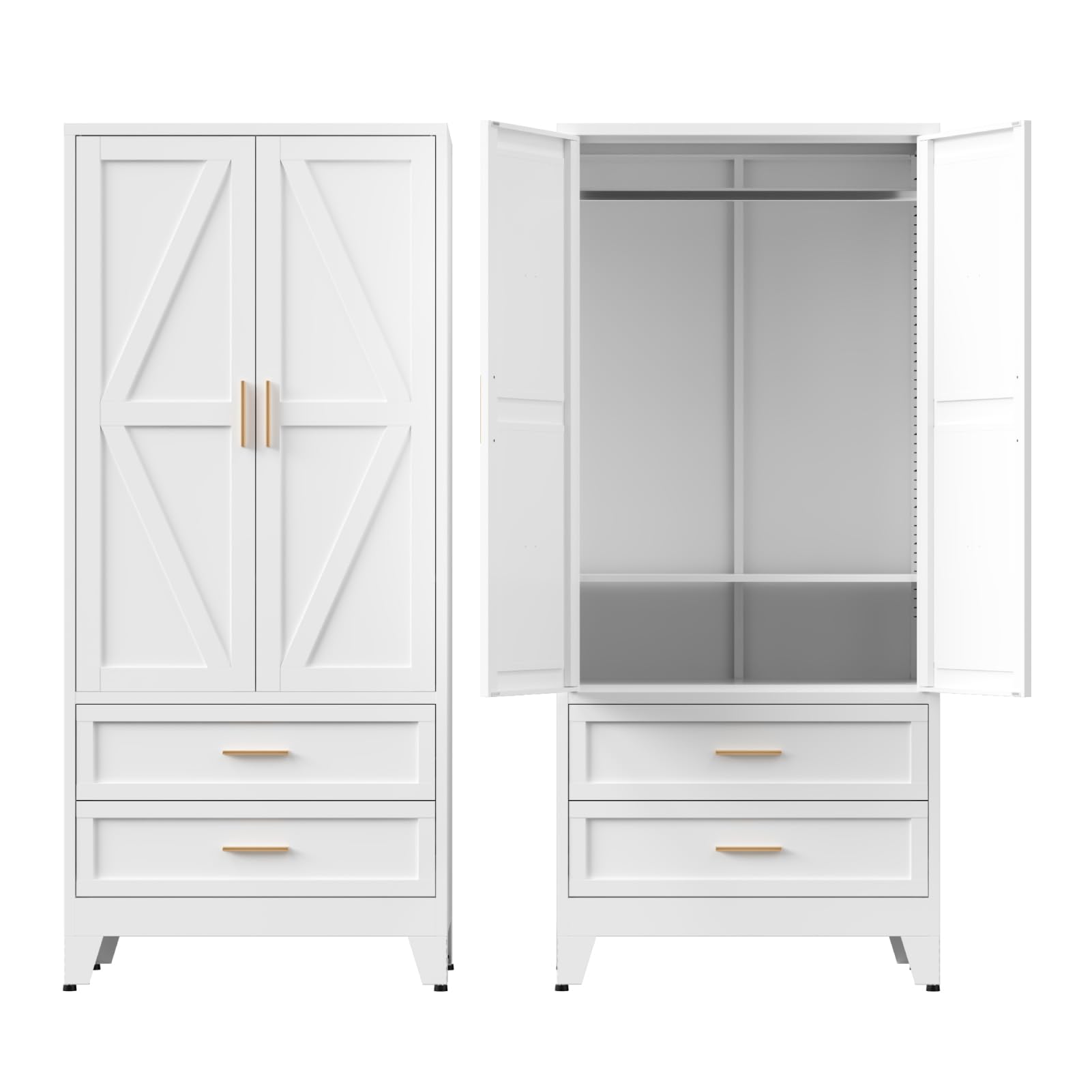 COFaR Metal Armoire Wardrobe Closet with Drawers, 71'' Tall Farmhouse Bedroom Armoires with Doors, Freestanding Steel Wardrobe Cabinet Coat Closet for Bedroom Home Office Garage, White (used) 