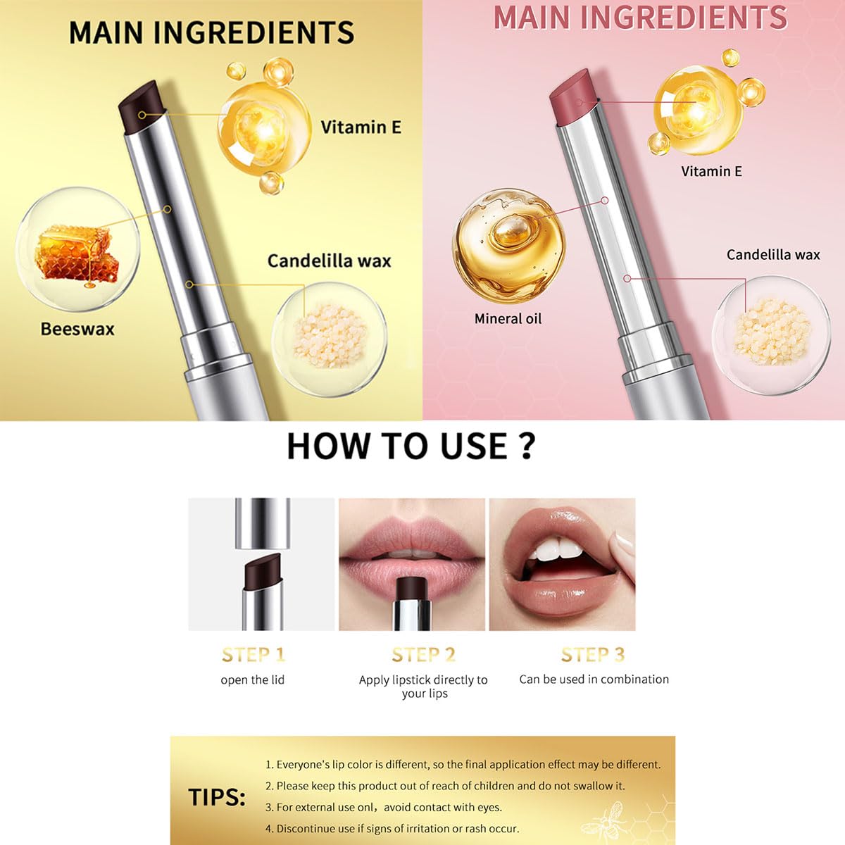 2 unidades de bálsamo labial teñido de miel, lápiz labial negro y rosa, bálsamo labial hidratante natural brillante negro transparente, maquillaje hidratante cuidado de labios para reparar 5