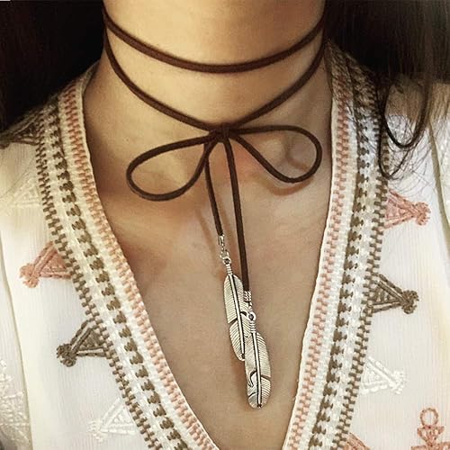 Miniatura 2 de Doubnine Gargantilla de plumas bohemia, versátil, de gamuza vegana, Lariat, gótico, marrón, negro, accesorios para mujer (cordón marrón + pluma de